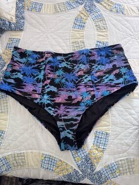 High-Waist Women’s Swim Briefs in Black with Blue & Purple Palm Print